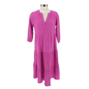 Ann Taylor LOFT Tiered Midi Shift Dress Pink 3/4 Sleeve V Neck Small